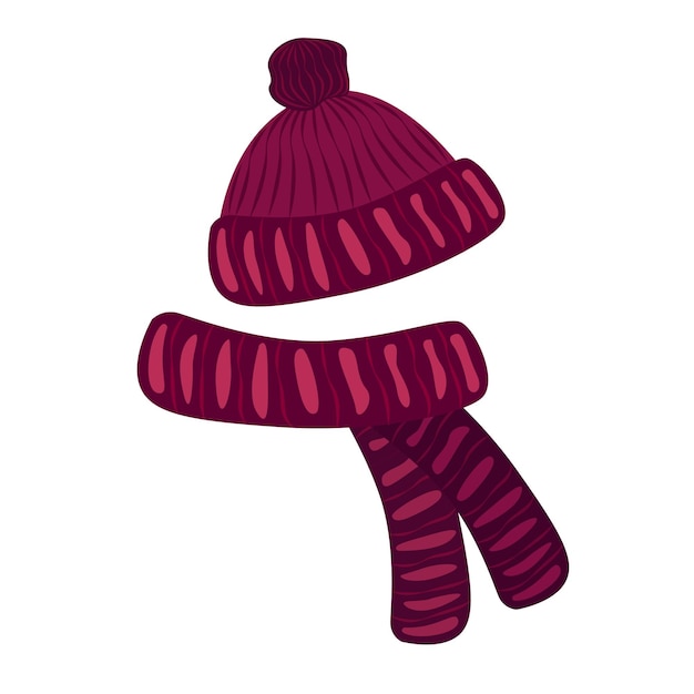 Gorro de invierno de punto cálido y bufanda en imágenes vectoriales de color magenta oscuro aisladas del fondo