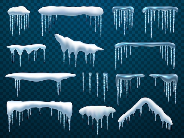 Gorros de nieve con iconos realistas de escarcha de invierno de carámbanos colgantes aislados en transparente