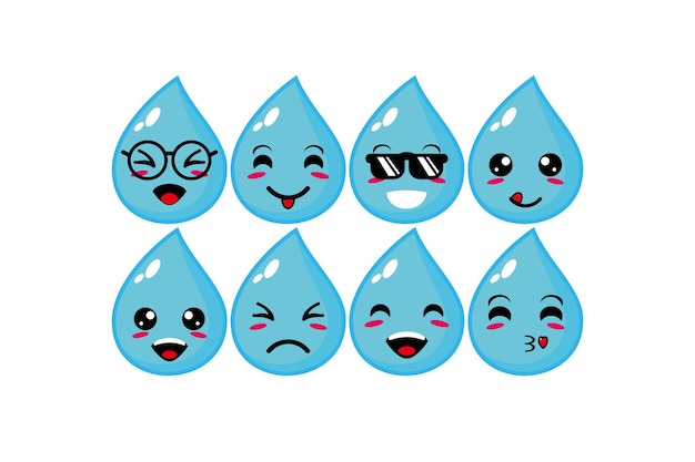 Vector gota de agua aqua sonriente linda colección de vectores mascota de personaje de cara plana de dibujos animados