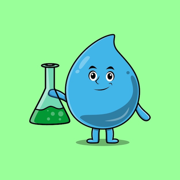 Gota de agua de personaje de mascota de dibujos animados lindo como científico con vidrio de reacción química