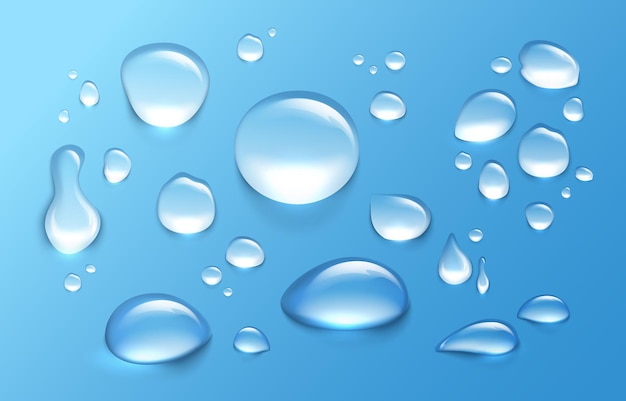 Gota de agua realista salpicaduras y gotitas de agua transparente condensación de agua limpia y fresca en la superficie plantillas de goteo aisladas flujo de líquido gota de lluvia redonda vectorial con reflejo
