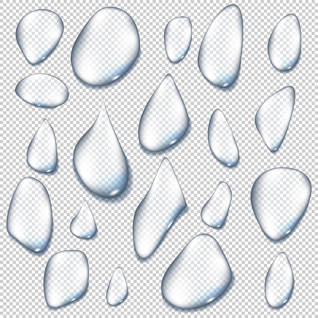 Gota de agua transparente pura realista con sombra sobre fondo gris