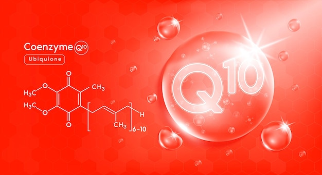 Gota de agua vitamina Q1 roja y estructura complejo vitamínico con fórmula química de la naturaleza