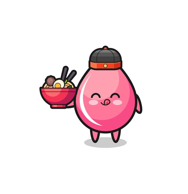 Gota de jugo de fresa como mascota del chef chino sosteniendo un tazón de fideos