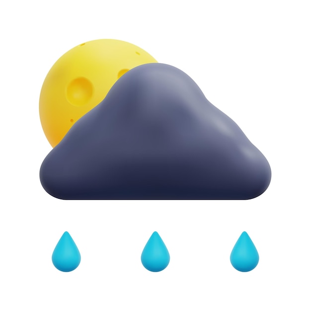 Gota de lluvia de nube 3d y vector de icono de luna aislado sobre fondo blanco pronóstico de meteorología meteorológica 3d y concepto de naturaleza estilo mínimo de dibujos animados ilustración de procesamiento de vector de icono de noche lluviosa 3d