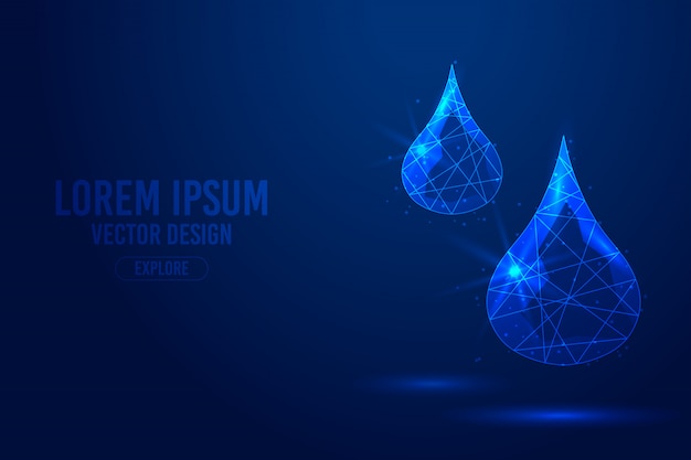Gota de sangre, agua, aceite, líneas geométricas líquidas, plantilla de vector de estructura metálica de baja poli. Medicina aislada ciencia tecnología concepto azul fondo poligonal.