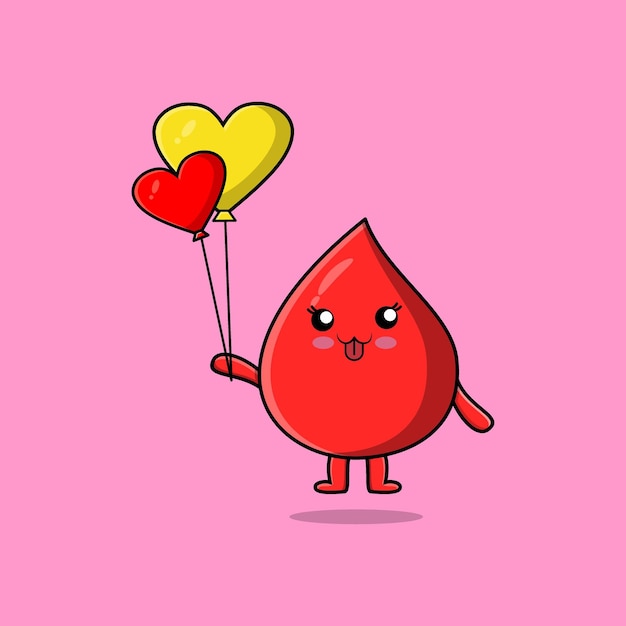 Gota de sangre de dibujos animados lindo flotando con ilustración de vector de dibujos animados de globo de amor