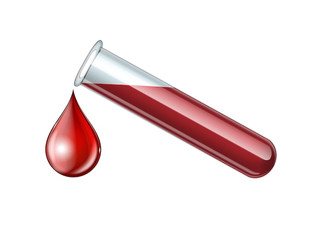 Gota de sangre que cae de la sangre del tubo de ensayo de cristalería. vidrio químico en estilo realista. ilustración de vector aislado sobre fondo blanco