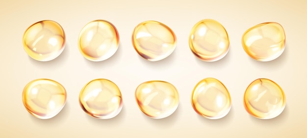 Gotas de aceite cosmético gotas de suero cosmético realistas gotas líquidas claras ácido hialurónico gel de colágeno