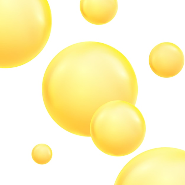 Gotas de aceite dorado, amarillo, ilustración vectorial de burbujas. Fondo de burbujas de aceite y agua.