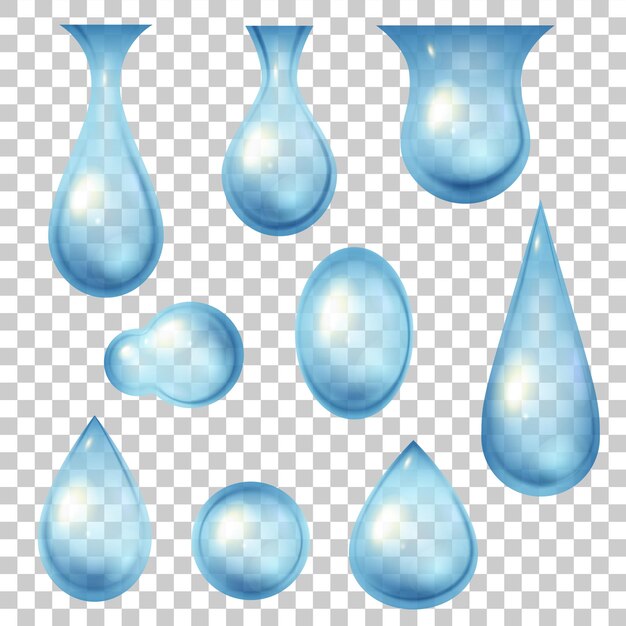 Gotas de agua y burbujas. Iconos de gota azul fresco realista 3d. Lágrima, rocío o gota de lluvia. Naturaleza limpia formas líquidas. Conjunto de vector de logotipo de frescura. Gota de lluvia aqua aislada en transparente