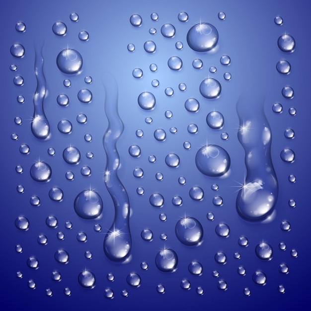 Gotas de agua en la ducha o la piscina, gotas de condensación o lluvia ilustración vectorial transparente realista, fácil de poner sobre cualquier fondo o usar gotas por separado.