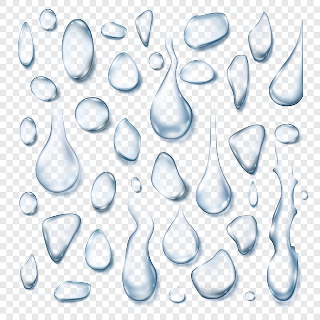 Gotas de agua. Forma de gota de lluvia 3d realista sobre vidrio. Gota limpia de condensación. Efecto fresco. Goteo de agua en el conjunto de vectores de fondo transparente. Ilustración gota de lluvia, gota de agua transparente