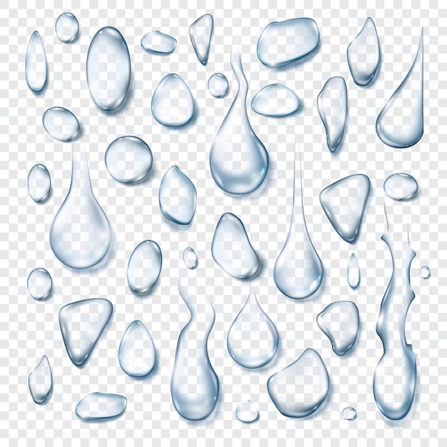 Gotas de agua. forma de gota de lluvia 3d realista sobre vidrio. gota limpia de condensación. efecto fresco. goteo de agua en el conjunto de vectores de fondo transparente. ilustración gota de lluvia, gota de agua transparente