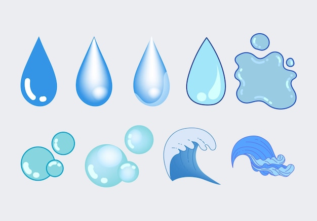 Gotas de agua líquido salpicaduras de agua elemento icono signo y símbolo conjunto de ilustraciones vectoriales