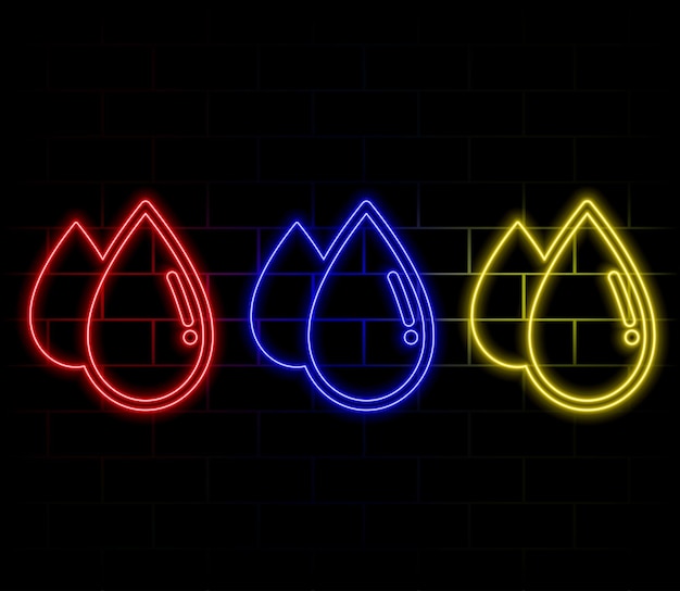 Gotas de agua de neón gotas de sangre icono de gotas de agua con línea de neón brillante y gotas de lluvia con símbolo de neón y