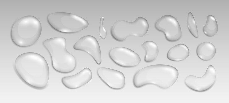 Vector gotas de agua transparente realista de varias formas. tema humedad y transparencia. conjunto de burbujas de condensación o goteo realista, elemento h2o y salpicadura húmeda.