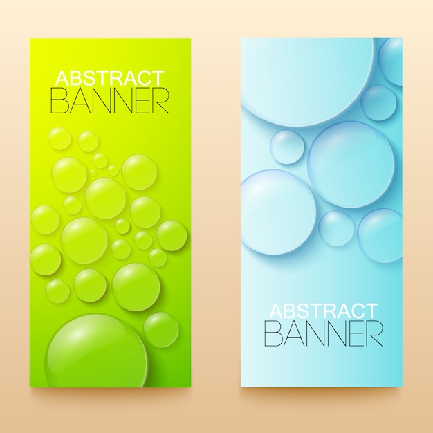 Gotas y burbujas banners verticales verdes y azules establecen ilustración realista aislada