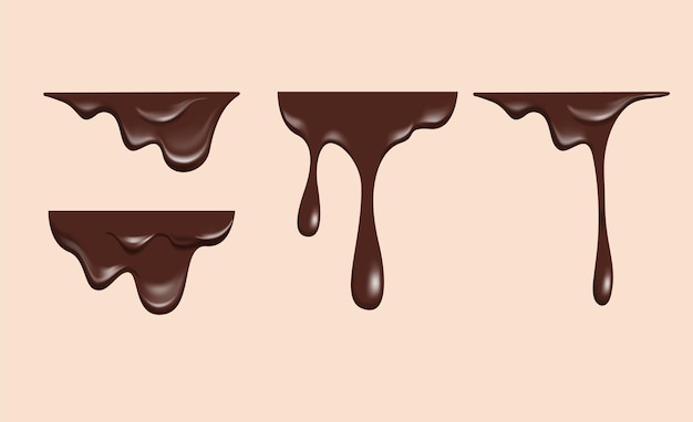 Vector gotas de chocolate oscuro realistas que se derriten con la parte superior plana para la colección de conjuntos de vectores de decoración de bordes