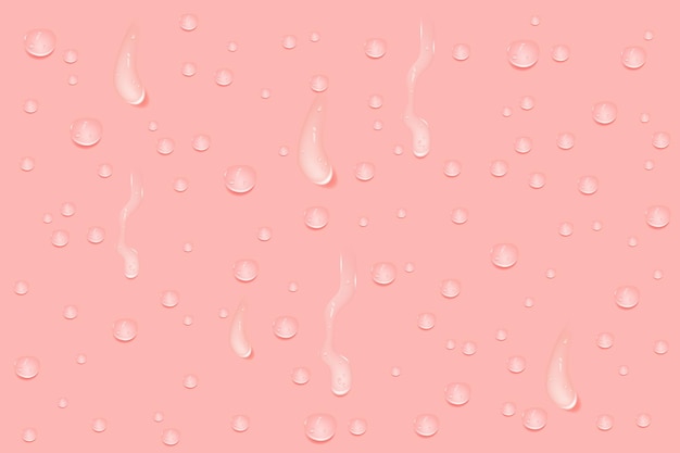 Gotas húmedas de gel o colágeno de color rosa líquido Charcos derramados de suero cosmético o agua