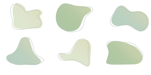 Las gotas líquidas de medio tono verde, las formas de agua, el conjunto de salpicaduras, la colección de manchas de pintura, las manchas de lluvia, los charcos de aceite, los elementos de diseño gráfico abstracto irregular, el fondo transparente, la ilustración vectorial.