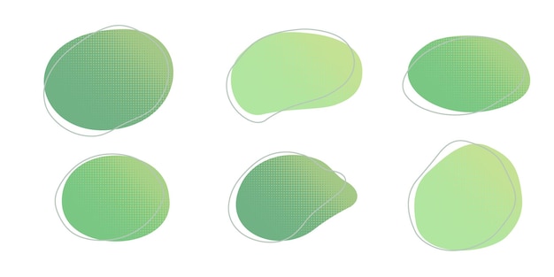 Las gotas líquidas de medio tono verde, las formas de agua, el conjunto de salpicaduras, la colección de manchas de pintura, las manchas de lluvia, los charcos de aceite, los elementos de diseño gráfico abstracto irregular, el fondo transparente, la ilustración vectorial.