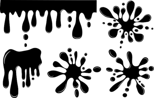 Gotas de líquido de la mancha de aceite de goteo negro o siluetas de tinta de vector actual de pintura aisladas