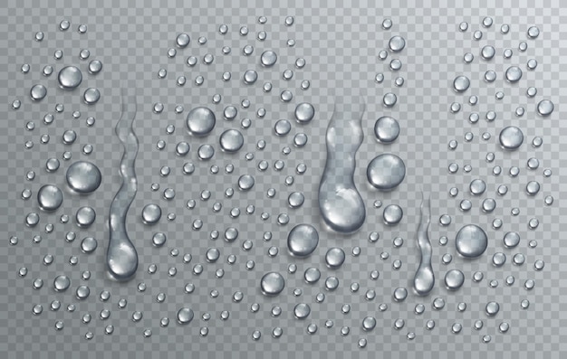 Gotas de lluvia de agua o condensación en la ducha composición vectorial 3d transparente y realista sobre la rejilla del verificador de transparencia, fácil de poner sobre cualquier fondo o usar gotas por separado.