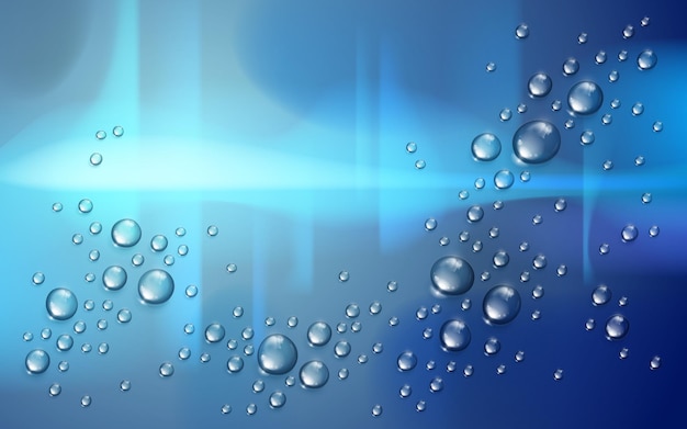 Gotas de lluvia de agua o condensación sobre el fondo borroso de la ciudad más allá de la ventana, ilustración vectorial 3d transparente realista, fácil de poner sobre cualquier fondo o usar gotas por separado.