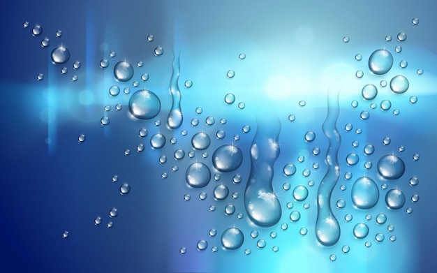 Gotas de lluvia de agua o condensación sobre el fondo borroso de la ciudad más allá de la ventana, ilustración vectorial 3d transparente realista, fácil de poner sobre cualquier fondo o usar gotas por separado.