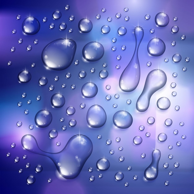 Vector gotas de lluvia de agua o condensación sobre fondo borroso más allá de la ventana ilustración vectorial 3d transparente realista, fácil de poner sobre cualquier fondo o usar gotas por separado.