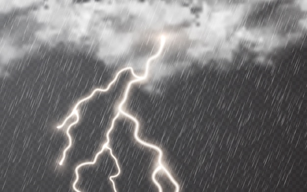 Gotas de lluvia con nubes y relámpagos sobre fondo transparente