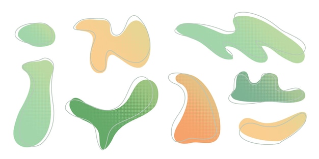 Las gotas de medio tono líquido verde amarillo, las formas de agua, el conjunto de salpicaduras, la colección de pinturas, las manchas de lluvia, los charcos de aceite, los elementos de diseño gráfico abstracto irregular, el fondo transparente, la ilustración vectorial.