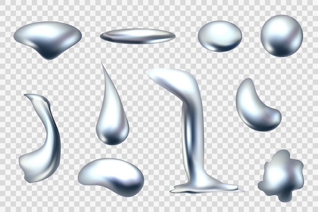 Gotas metálicas 3d gotas de cromo flujo líquido de mercurio textura de mancha de plata para formas bolas metálicas gotas de mercury salpicaduras de fusión abstracta esferas de papel de aluminio conjunto de elementos brillantes vectoriales