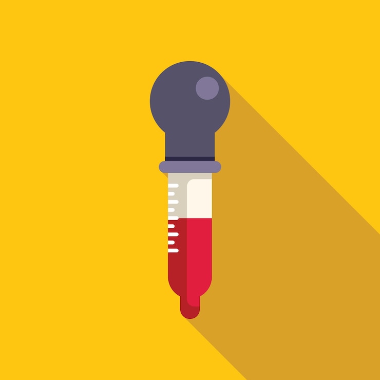 Vector gotas químicas llenas de líquido rojo sobre un fondo amarillo