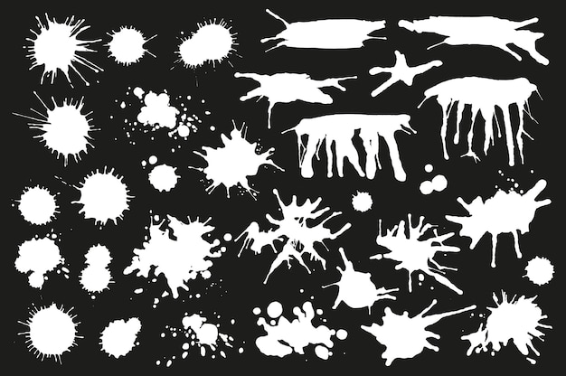 Las gotas y salpicaduras de tinta blanca establecen elementos en el diseño gráfico plano. Objetos agrupados de manchas y gotas de grunge. Manchas de pincel desordenadas. Texturas salpicadas granuladas. Mancha de pintura sucia. Ilustración vectorial.