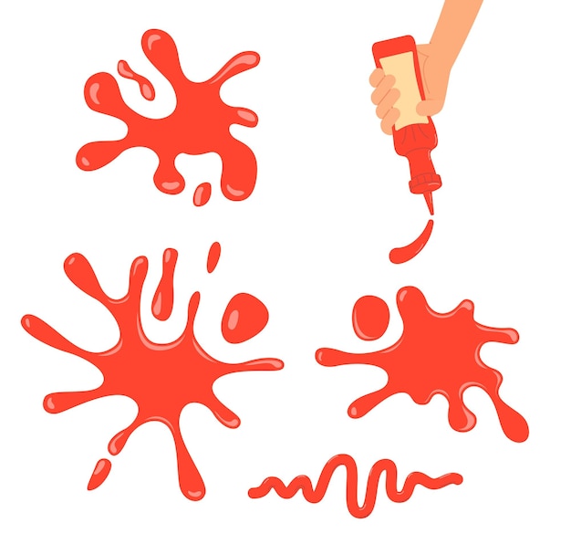 Gotas de salsa y botella en la mano con ketchup Salsas rojas salpicaduras de salsa tomate o pimienta roja caliente goteando Vector elementos aislados de recubrimiento de alimentos
