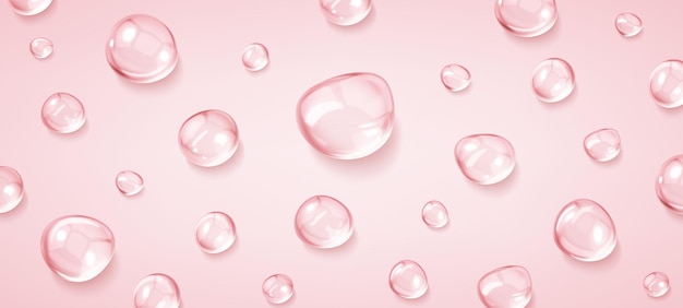 Gotas de suero realistas sobre fondo rosado Gotas líquidas de suero con textura de gel o colágeno Burbujas para el cuidado de la piel