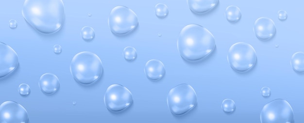 Gotas de suero realistas en superficie azul Ilustración vectorial de fondo de d manchas líquidas con aceite de gel