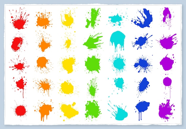 Gotas de tinta coloridas vectoriales y salpicaduras de pintura Elementos de diseño dibujados a mano aislados sobre fondo blanco