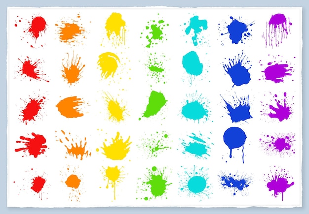 Gotas de tinta coloridas vectoriales y salpicaduras de pintura Elementos de diseño dibujados a mano aislados sobre fondo blanco