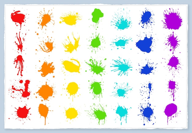 Gotas de tinta coloridas vectoriales y salpicaduras de pintura Elementos de diseño dibujados a mano aislados sobre fondo blanco