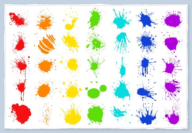 Gotas de tinta coloridas vectoriales y salpicaduras de pintura Elementos de diseño dibujados a mano aislados sobre fondo blanco