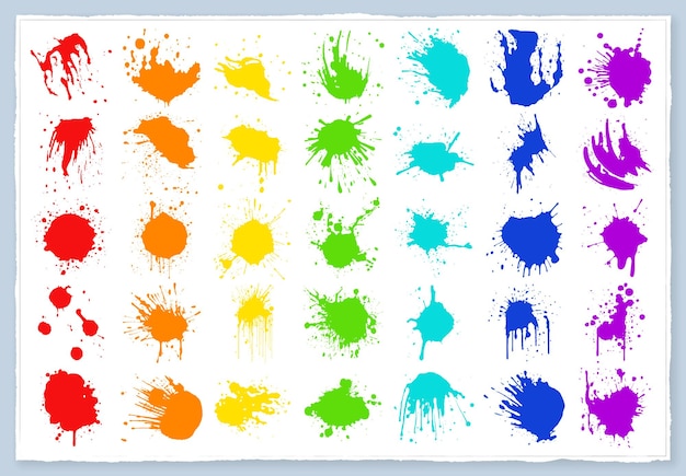Gotas de tinta coloridas vectoriales y salpicaduras de pintura Elementos de diseño dibujados a mano aislados sobre fondo blanco