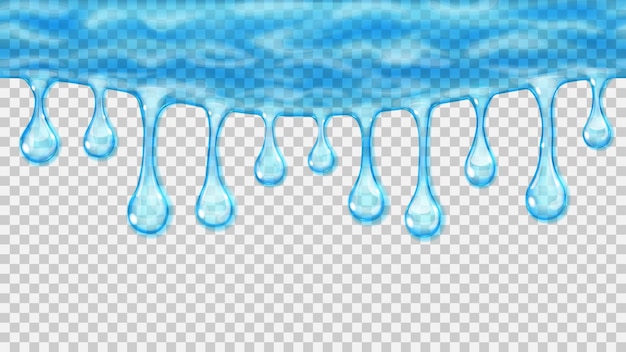 Vector gotas transparentes que fluyen o cuelgan en colores azules