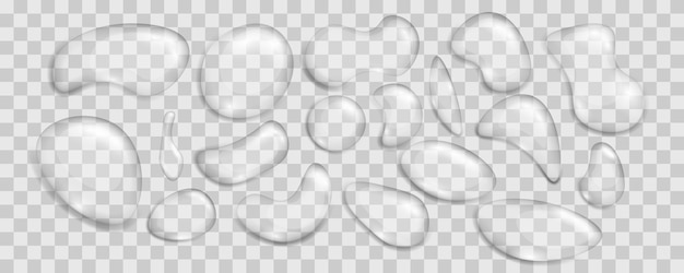 Gotas transparentes realistas de agua de varias formas. Conjunto de burbujas de condensación o goteo realista, elemento H2O y salpicaduras húmedas. Tema Humedad y transparencia.