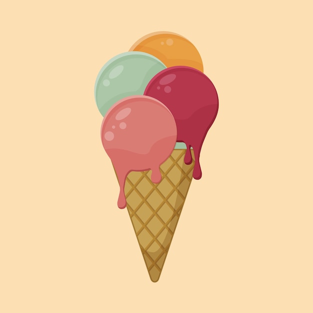 Goteo de bolas de helado en cono de galleta Vector Ilustración de verano