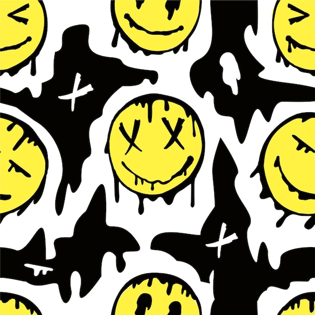 Goteo Sonriente Patrón sin costuras Cara sonriente distorsionada Fondo de pantalla psicodélico Emoji positivo Fundido