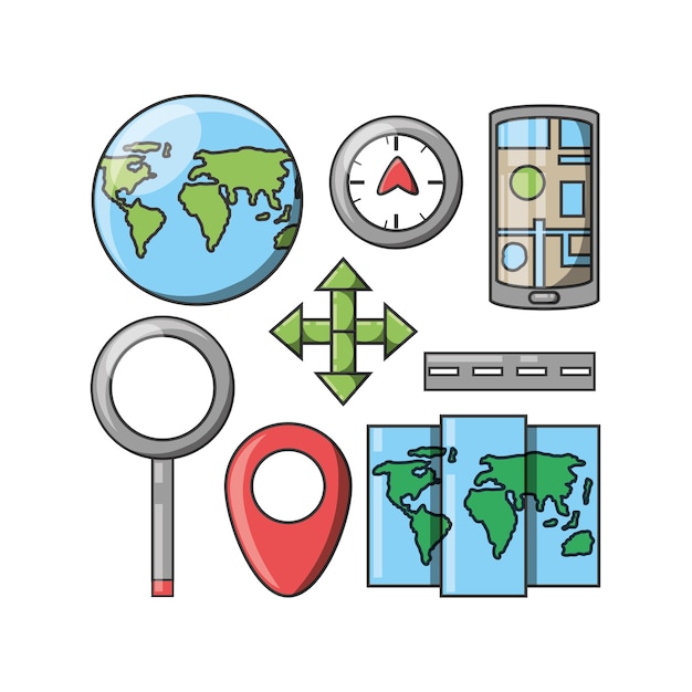 Gps e icono conjunto de navegación de viaje y tema de ruta