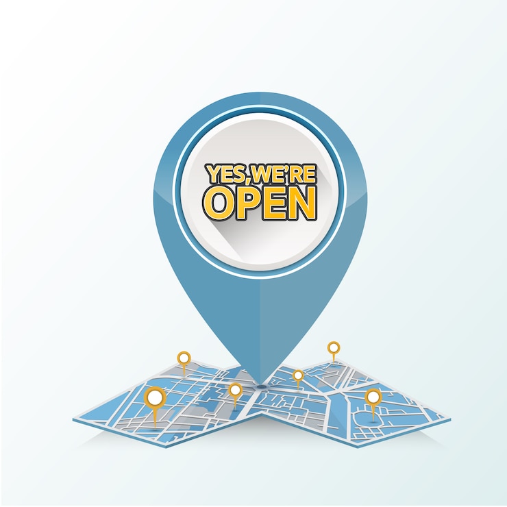Vector gps pin drop en el mapa de la calle con diseño de texto en un sí estamos abiertos.